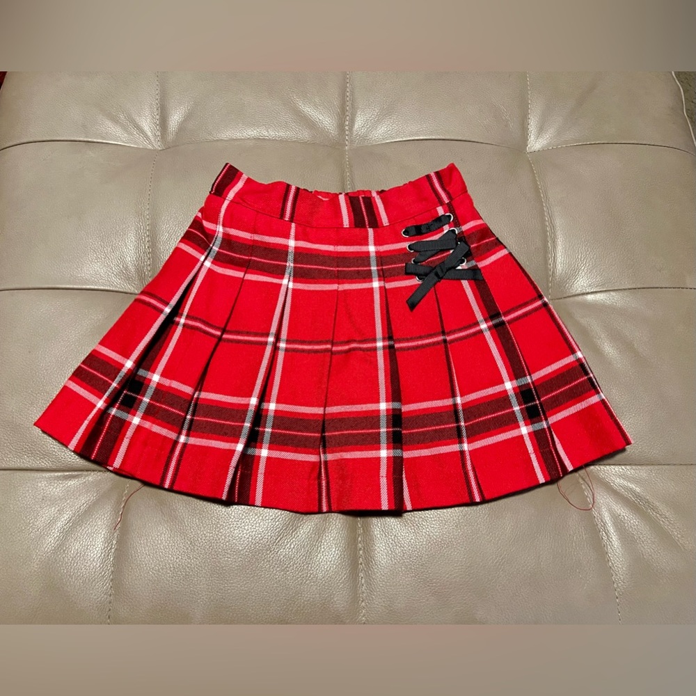 Justice Girls 6/7 Red Plaid School Uniform lace up varsity skirt built in shorts